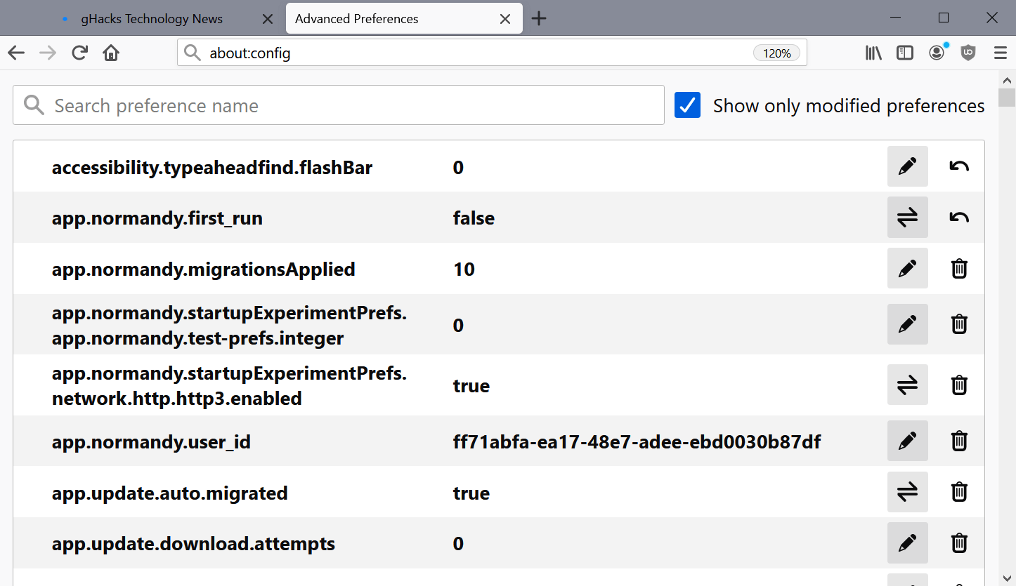 firefox show only modified preferences