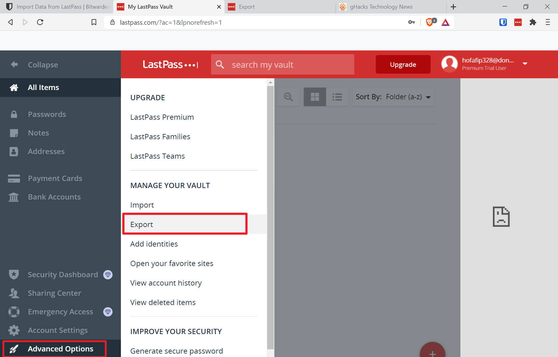 lastpass export passwords