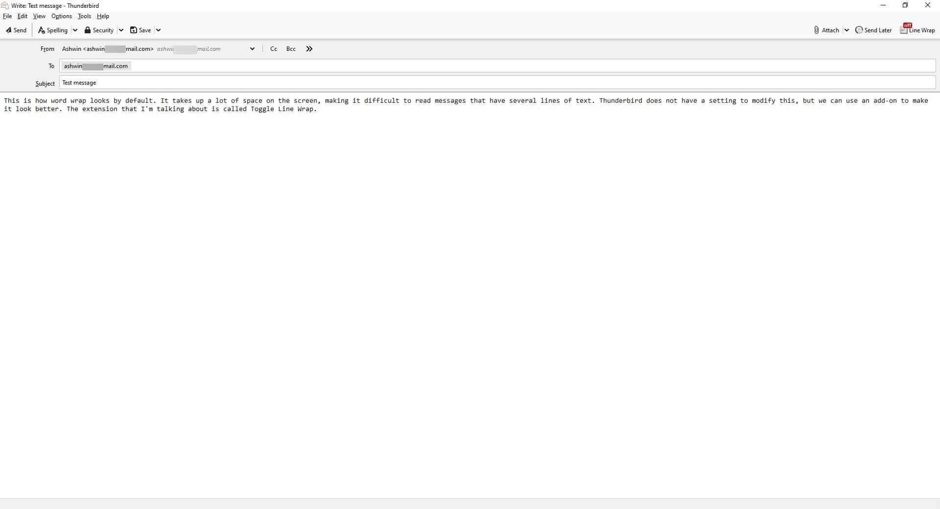 Enable proper word wrapping in Thunderbird using the Toggle Line Wrap extension