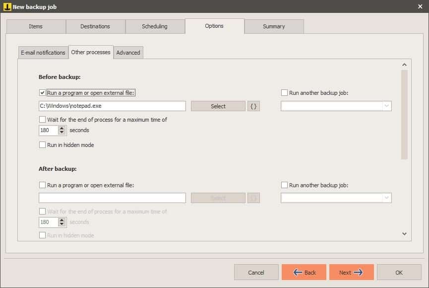 Iperius Backup new task - advanced options