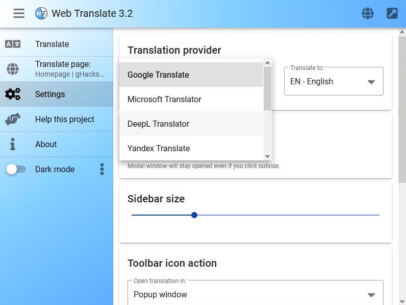 Web Translate - choose translation service