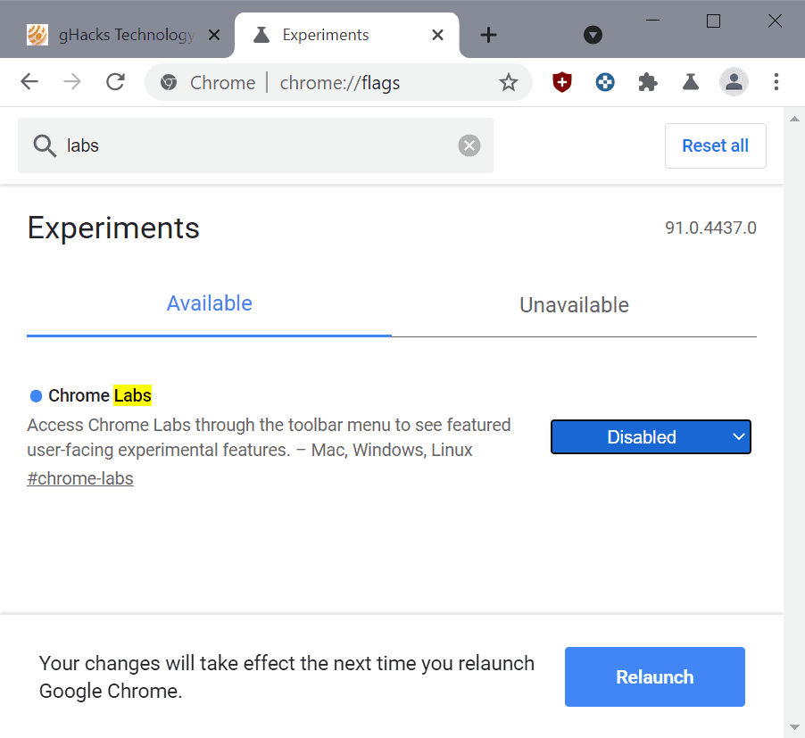 chrome-labs experiments disable