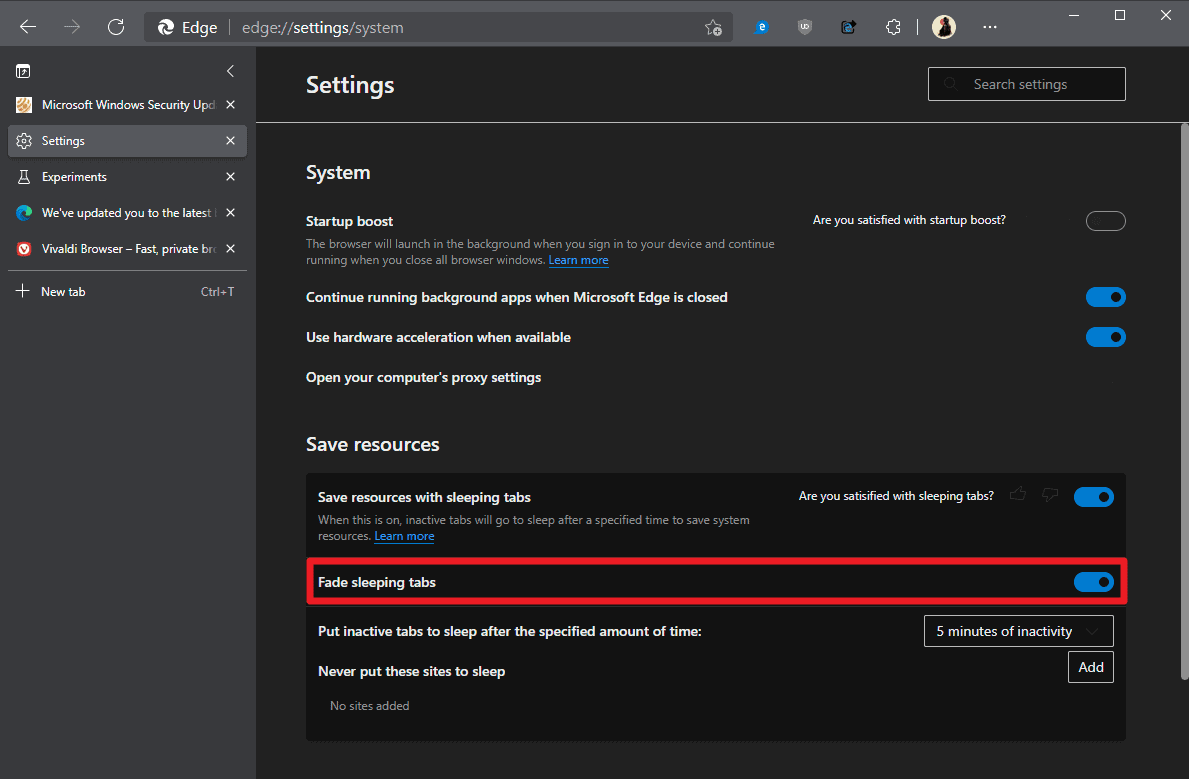 microsoft edge sleeping tabs hide