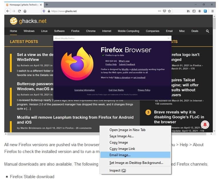 Firefox 88 Email Image context menu shortcut