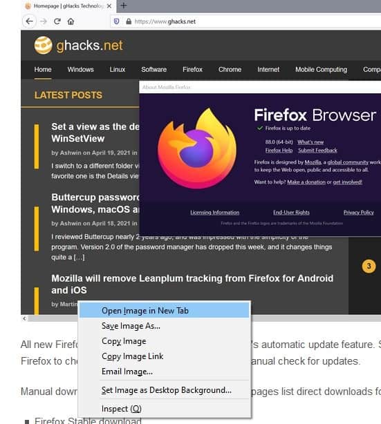 Firefox 88 Open Image in new tab