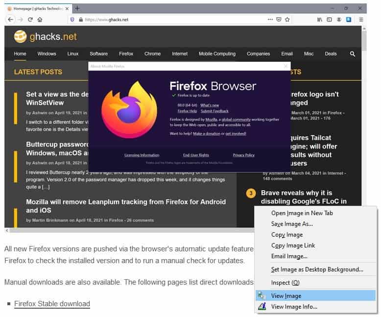Firefox 88 add-ons to enable View Image and View Image Info