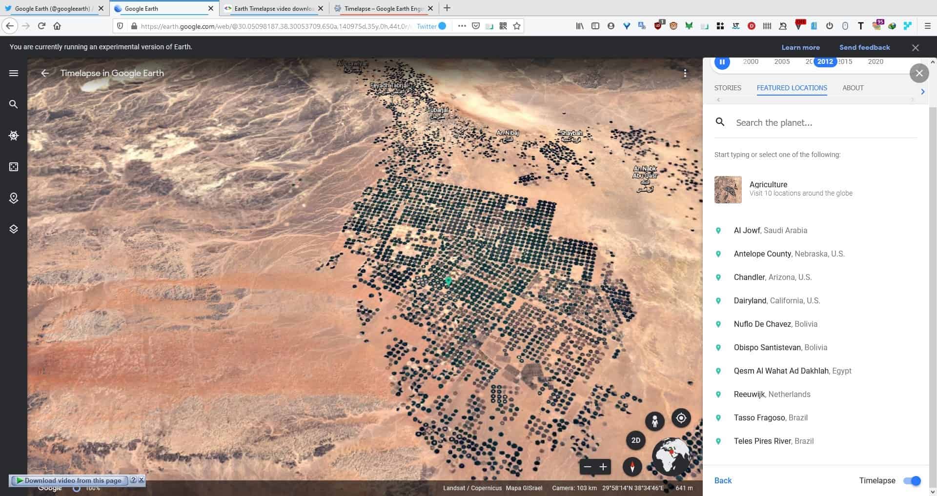 Google Earth Timelapse videos featured locations list