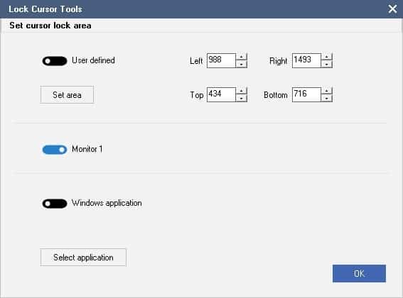 Restrict the mouse cursor to a specific part of the screen or a window with Lock Cursor Tools