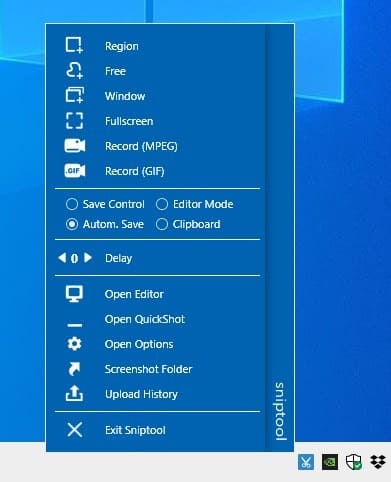 Sniptool 2.0 tray menu