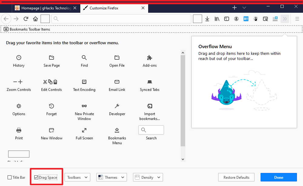 Firefox's Drag Space Customize Option will be removed for most users