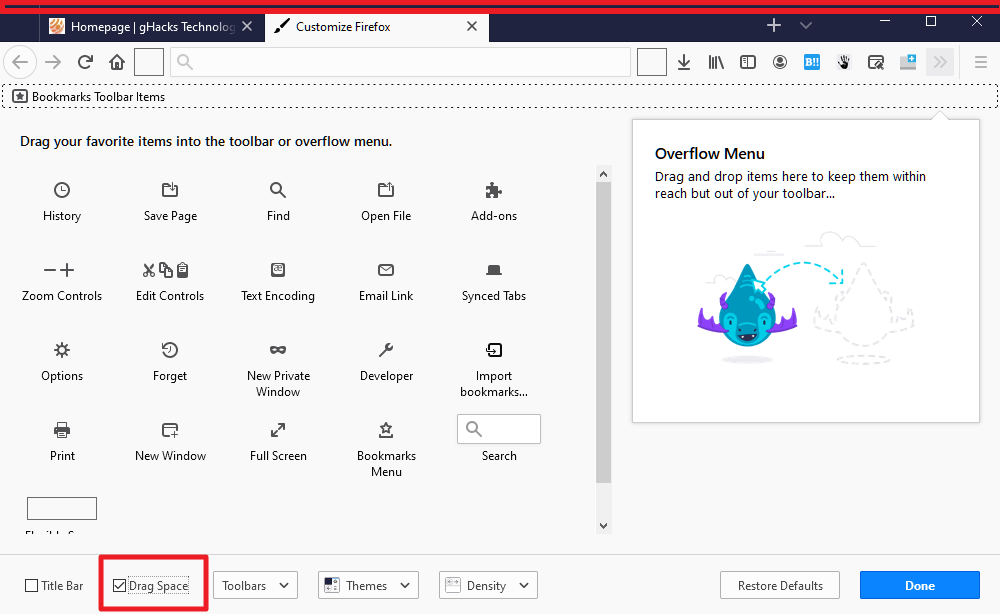 firefox drag space