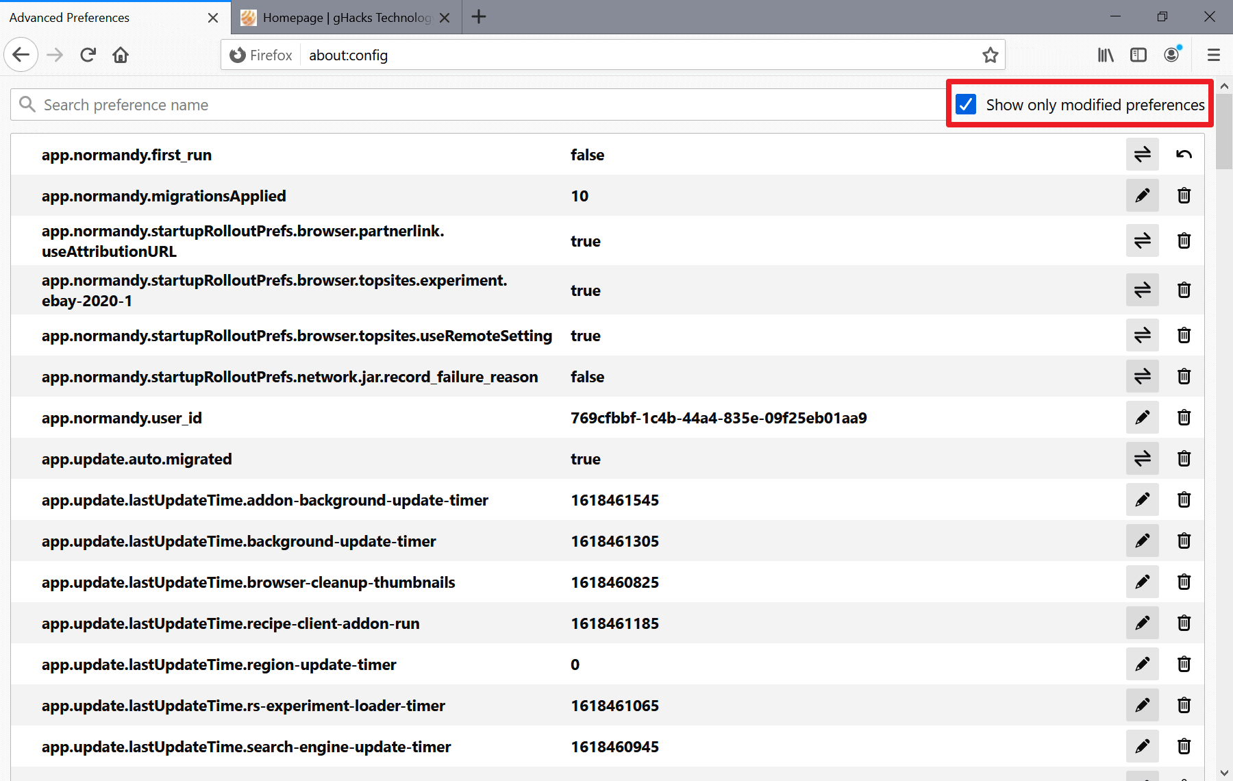 firefox show modified preferences only