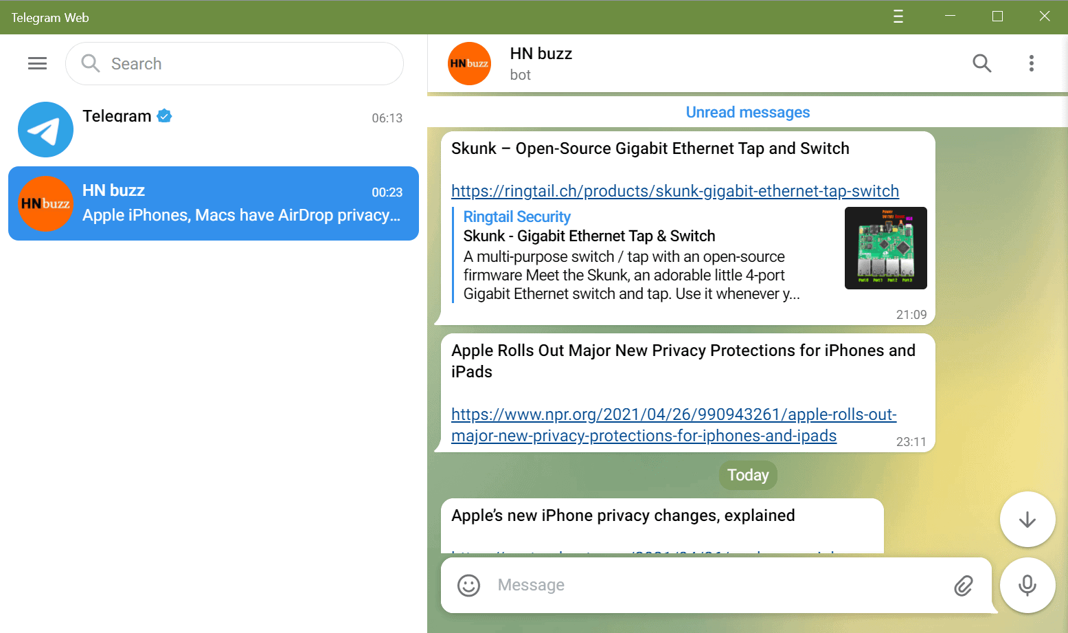 telegram web interface