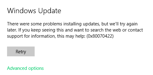 windows update error 0x80070422