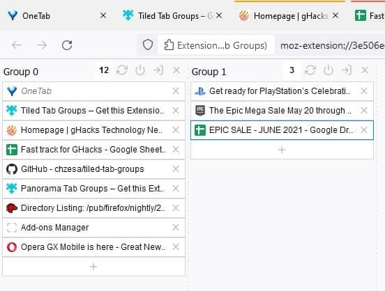Create tab groups, stash and unload tabs in Firefox with Tiled Tab Groups
