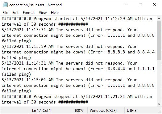 Internet Check connection issues log