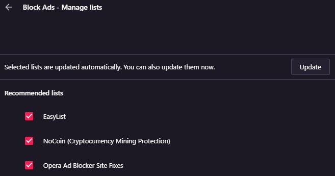 Opera browser and Opera GX adblocker lists
