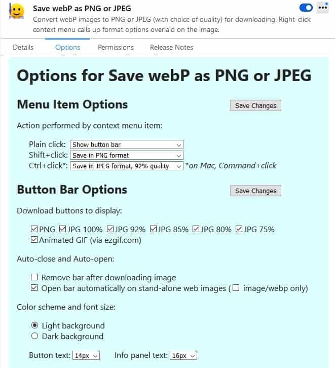 Save WebP as PNG or JPEG settings