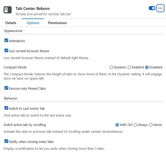 Tab Center Reborn - options