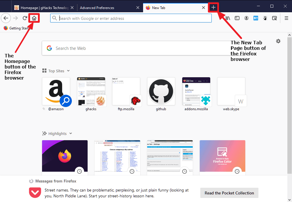 firefox home new tab page buttons