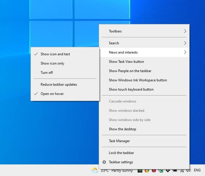How to disable the Weather widget from Windows 10 Taskbar