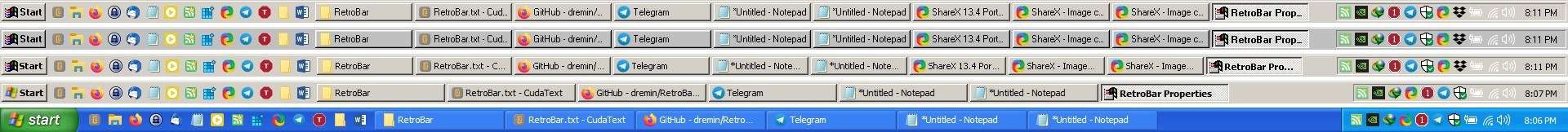 Retrobar is an open source tool that changes the taskbar's appearance to that of Windows 95, 98, 2000, ME or XP