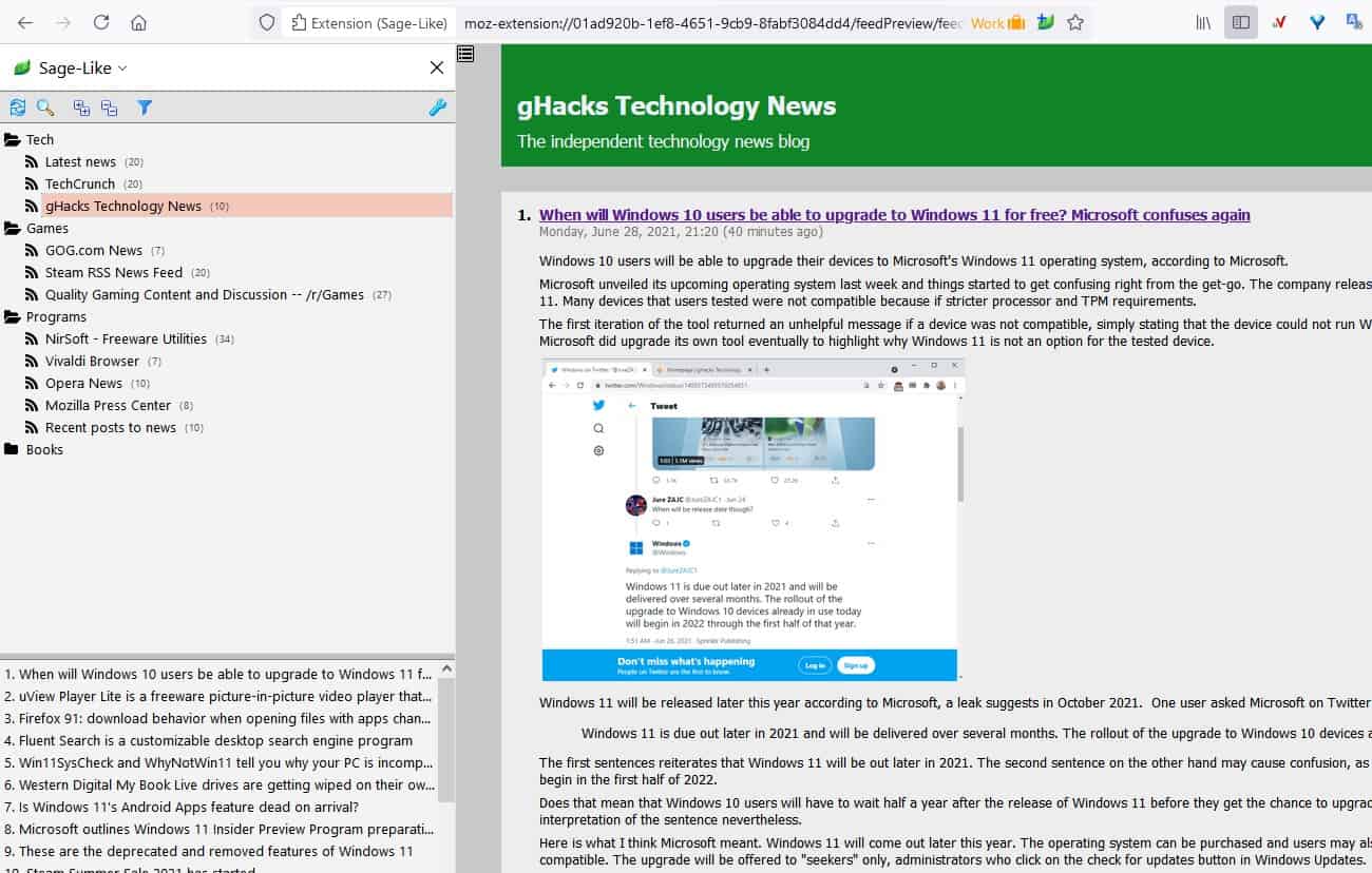 Sage-Like is a customizable RSS feed reader extension for Firefox