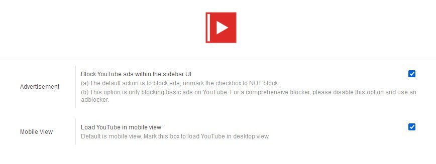 Sidebar for YouTube add-on options