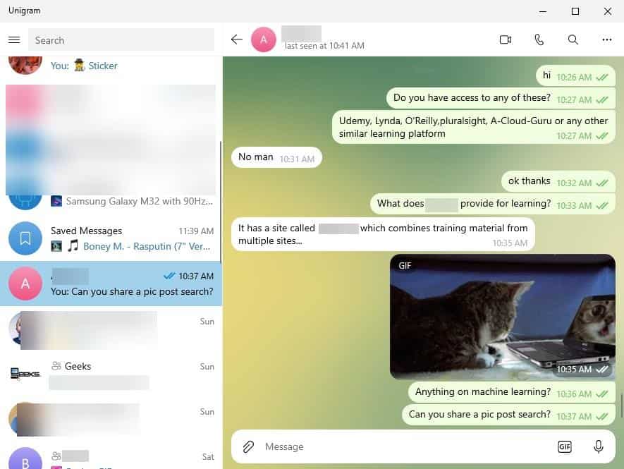 Unigram is an unofficial desktop client for Telegram that supports Secret Chat, Location sharing and more