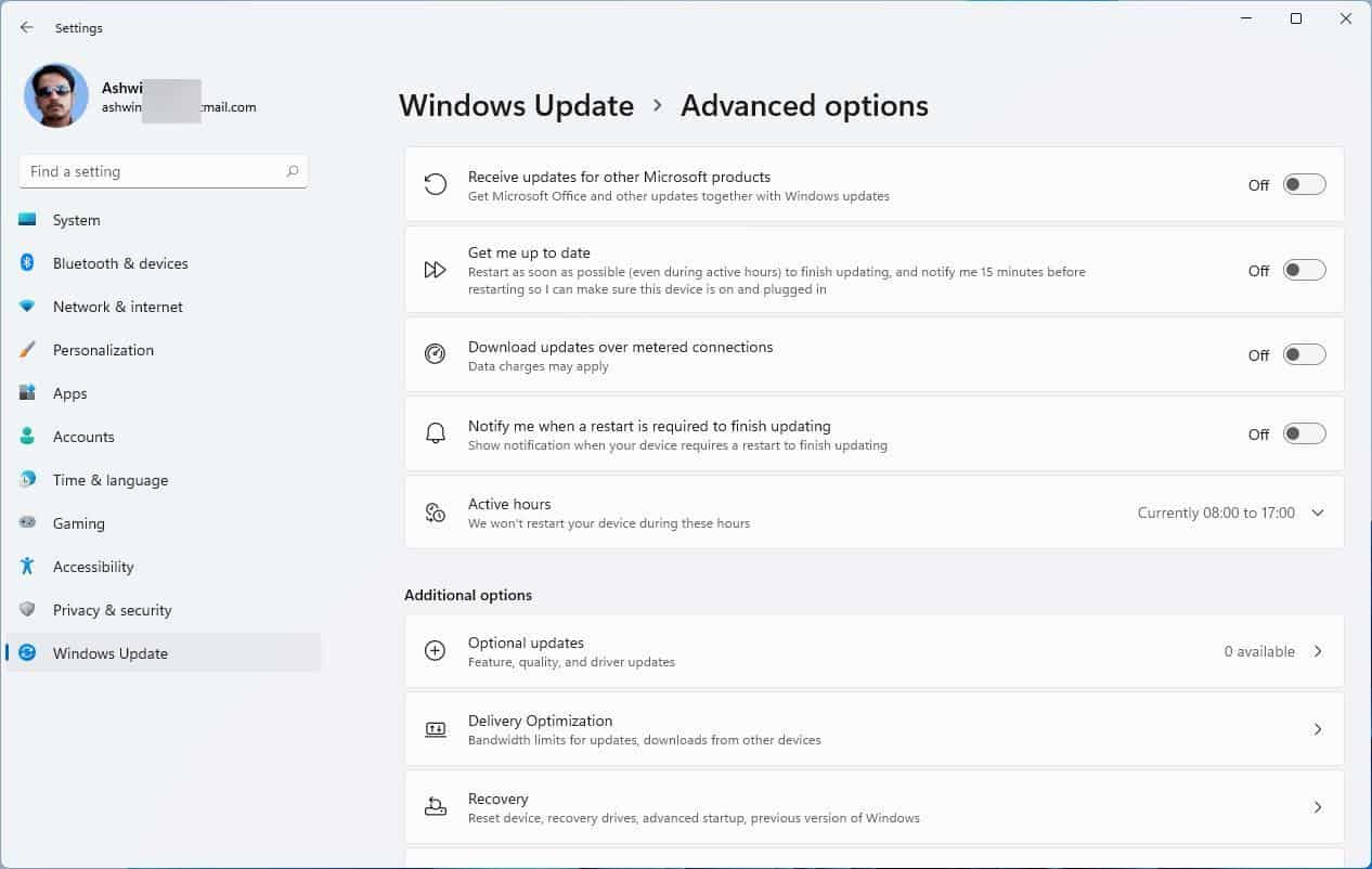 Windows 11 Update Advanced Options