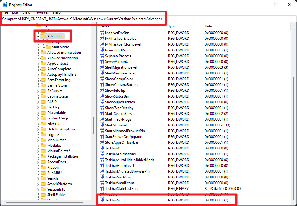 windows 11 taskbar registry