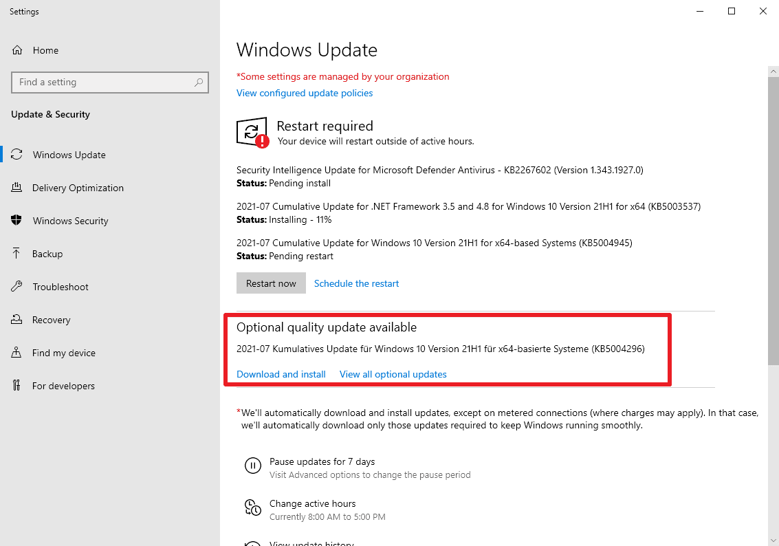 KB5004296 is an optional update for Windows 10 with lots of fixes