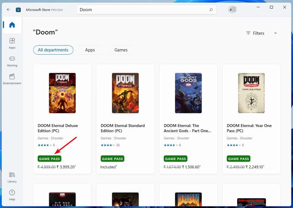 Microsoft Store app in Windows 11 - Xbox gamepass banner