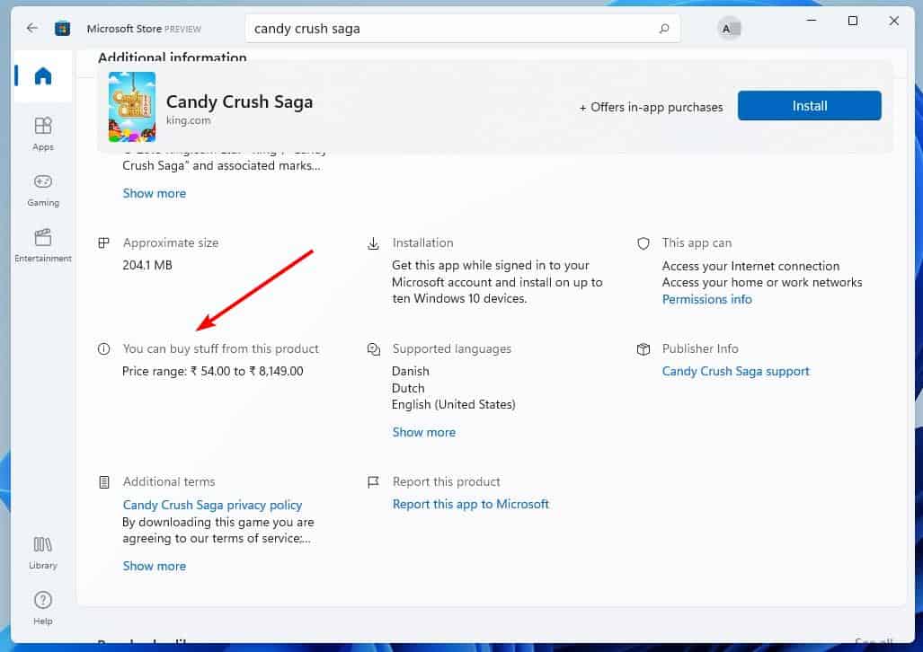 Microsoft Store app in Windows 11 - in app purchases