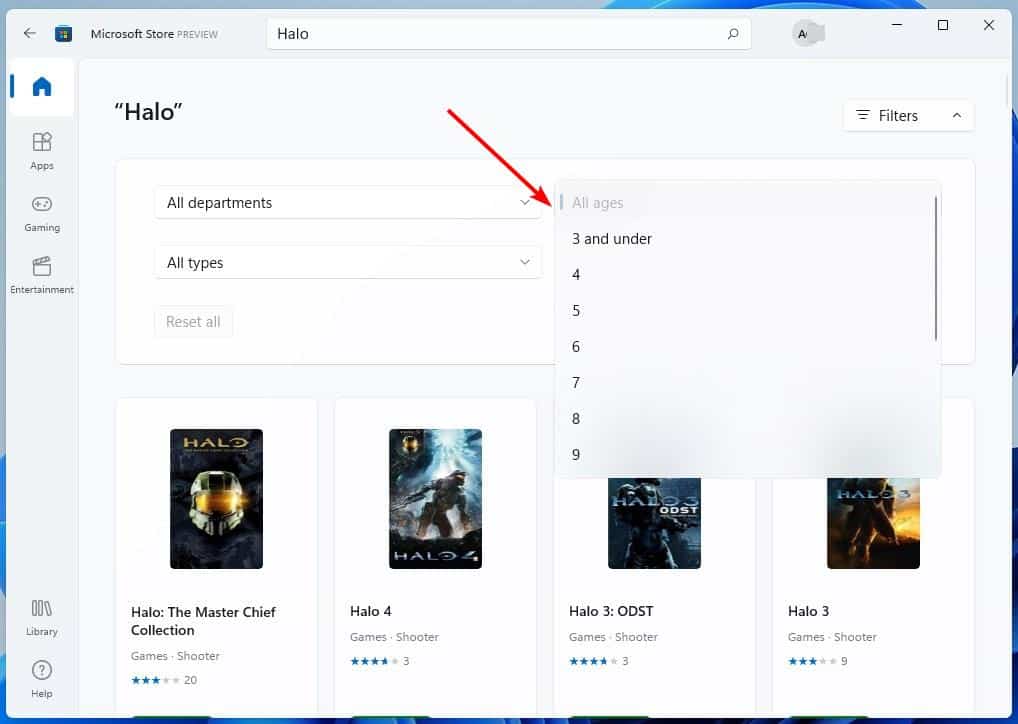 Microsoft Store app in Windows 11 - search filters