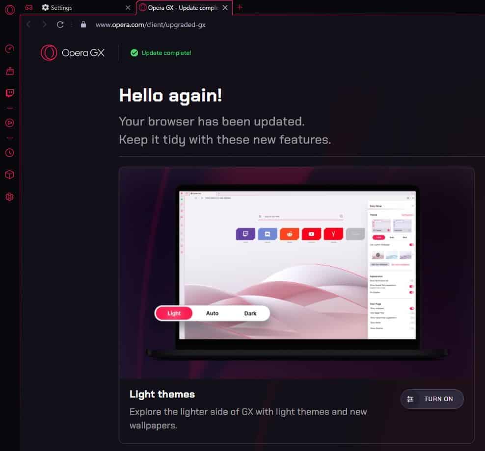 Opera GX update brings a Light mode for the interface