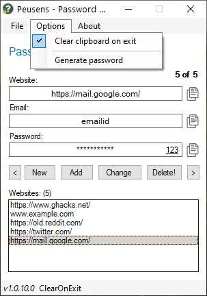 Peusens Password Manager Lite - clear clipboard on exit