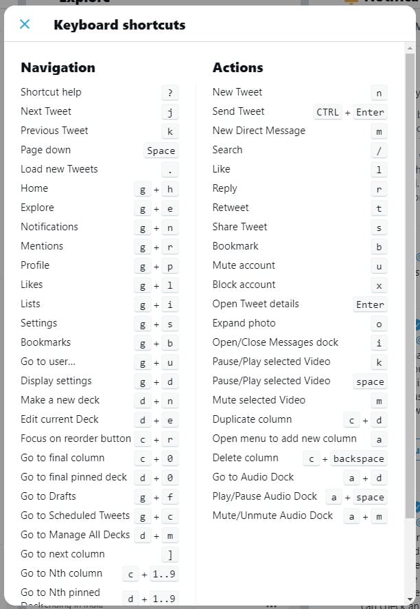 TweetDeck Preview new keyboard shortcuts