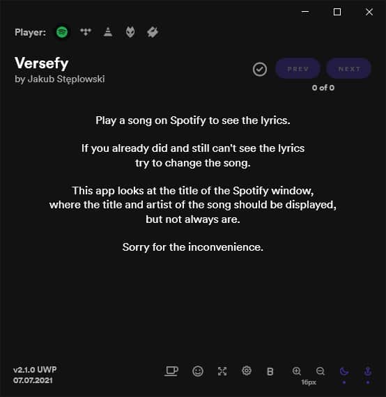 Versefy is a freeware lyrics finder for Spotify, Tidal, VLC, Foobar2000 ...