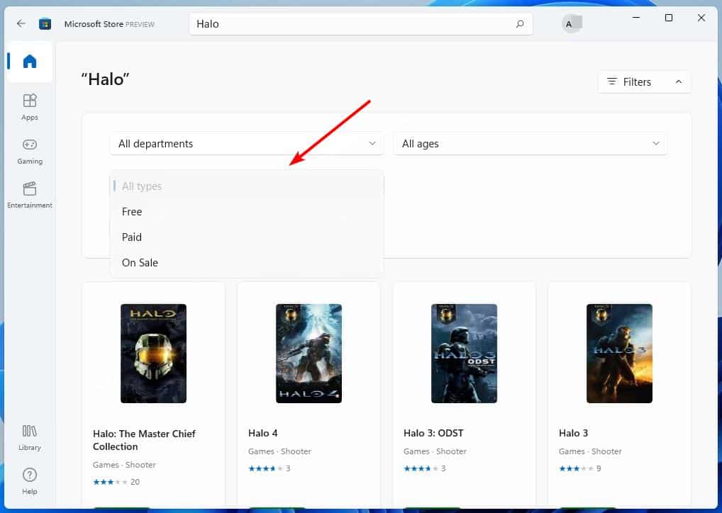Windows 11 Microsoft Store app - Search filters