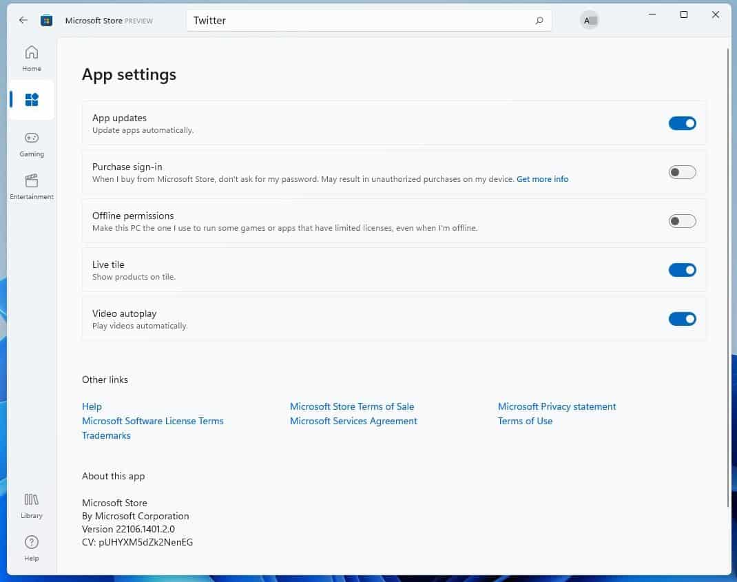 Windows 11 Microsoft Store app - Settings