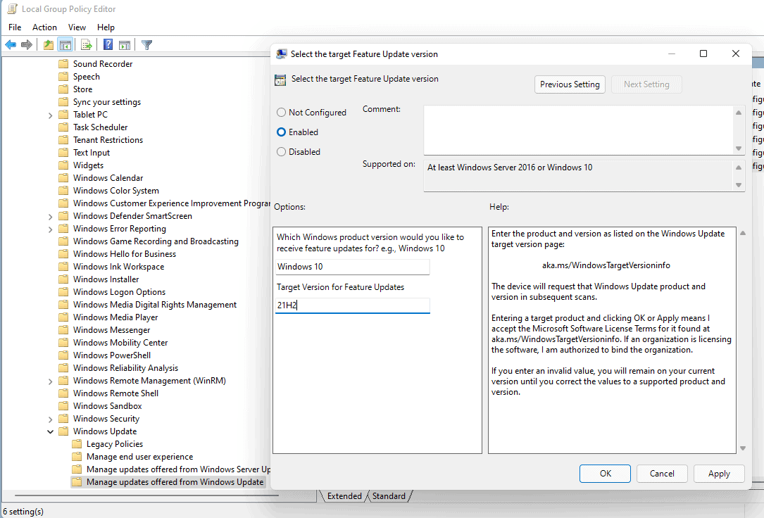 windows 11 set target version update