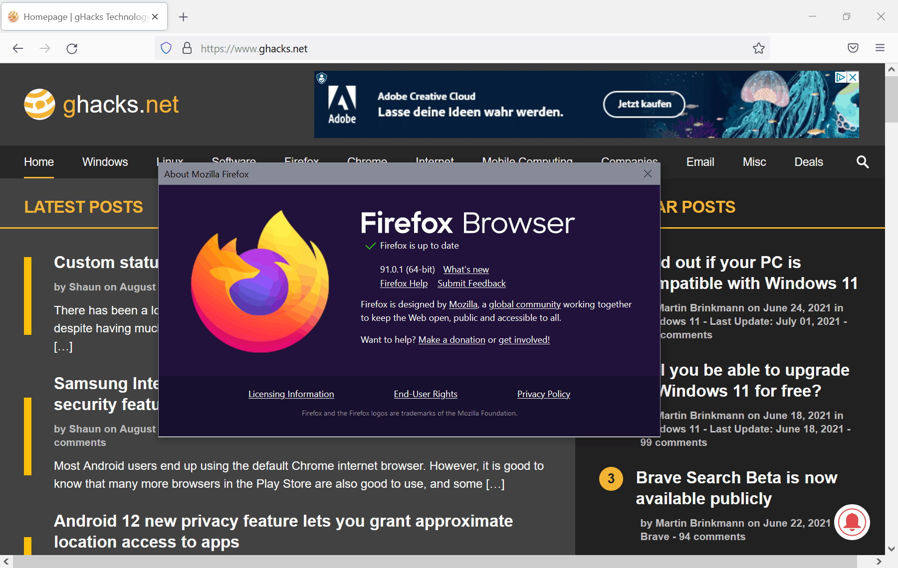 Firefox 91.0.1 fixes stability and security issues