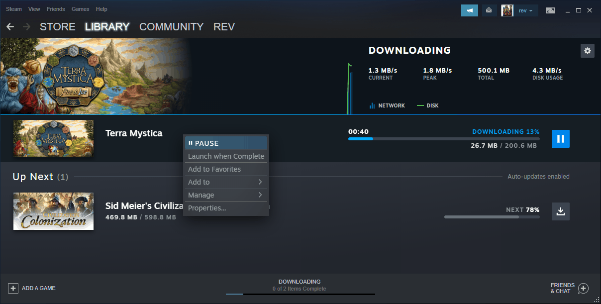 steam downloads context menu