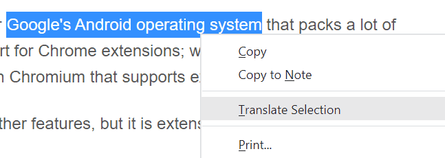 vivaldi browser translate selection