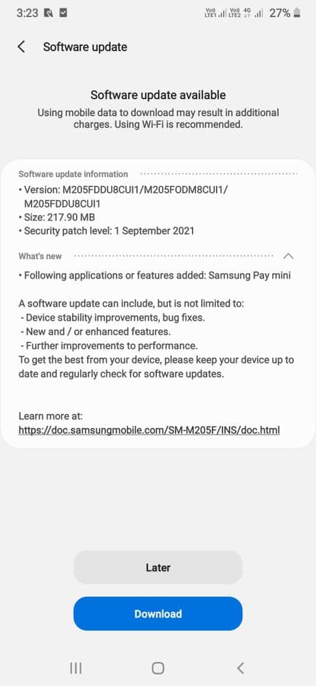 Samsung Galaxy M20 September security update