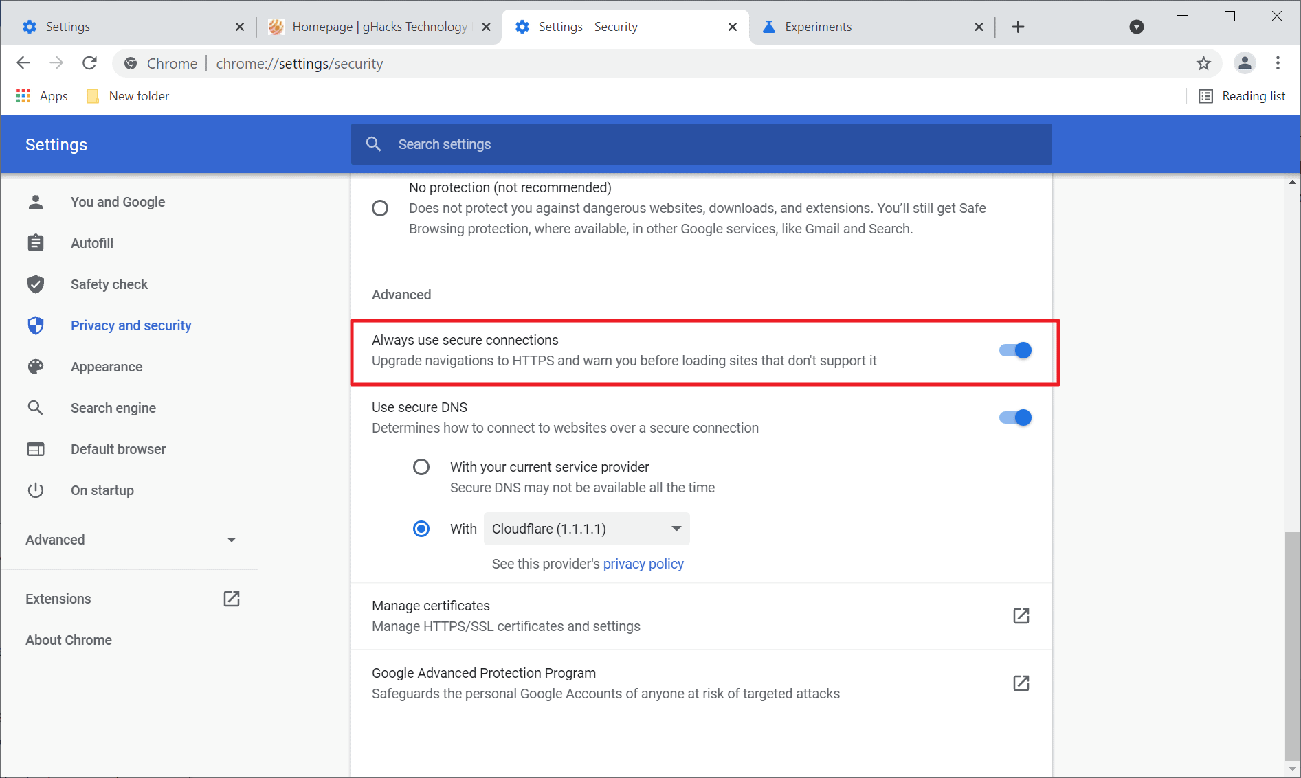 chrome always use secure connections