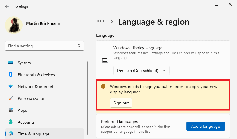 windows 11 restart to change language
