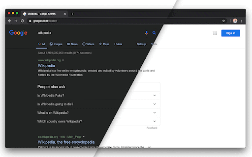 16. Official screenshot of Google’s normal theme compared to the Dark Theme for Google
