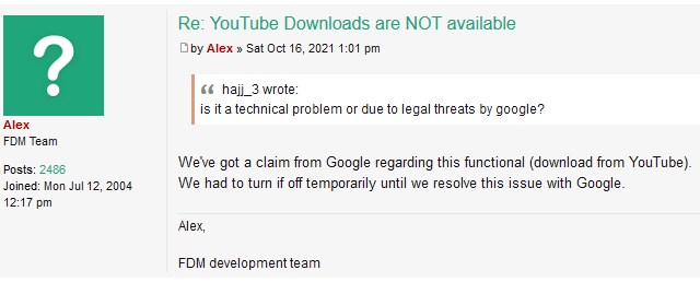 FDM YouTube downloads issue